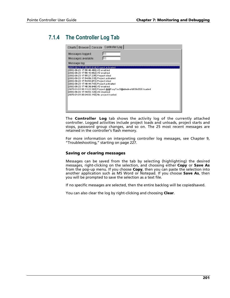 The controller log tab, 4 the controller log tab | Nematron Pointe Controller User Manual | Page 203 / 441