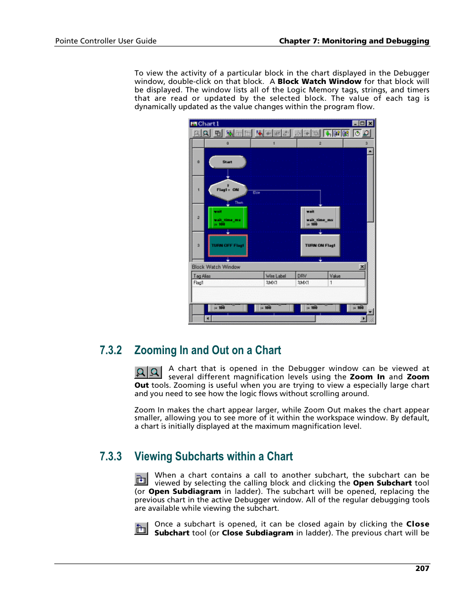 Zooming in and out on a chart, Viewing subcharts within a chart, 2 zooming in and out on a chart | 3 viewing subcharts within a chart | Nematron Pointe Controller User Manual | Page 209 / 441