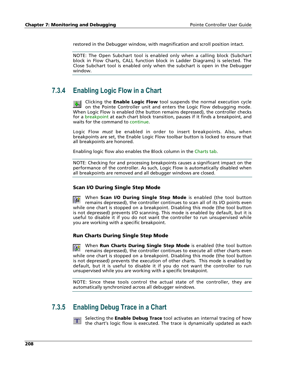Enabling logic flow in a chart, Enabling debug trace in a chart, 4 enabling logic flow in a chart | 5 enabling debug trace in a chart | Nematron Pointe Controller User Manual | Page 210 / 441