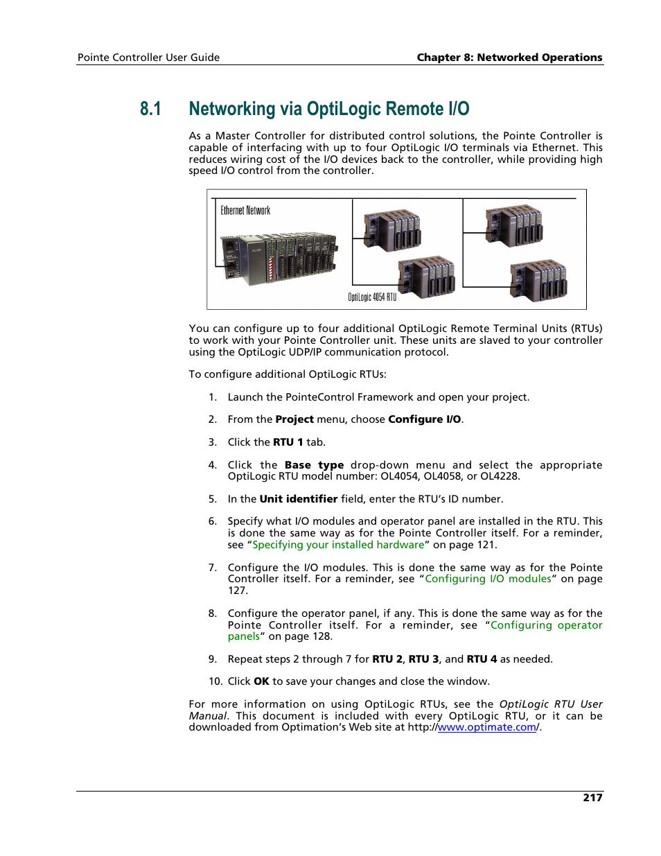 Networking via optilogic remote i/o, 1 networking via optilogic remote i/o | Nematron Pointe Controller User Manual | Page 219 / 441