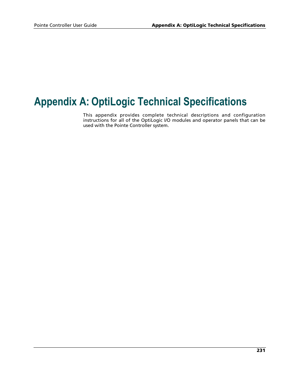 Appendix: optilogic technical specs, Appendix a: optilogic technical specifications | Nematron Pointe Controller User Manual | Page 233 / 441