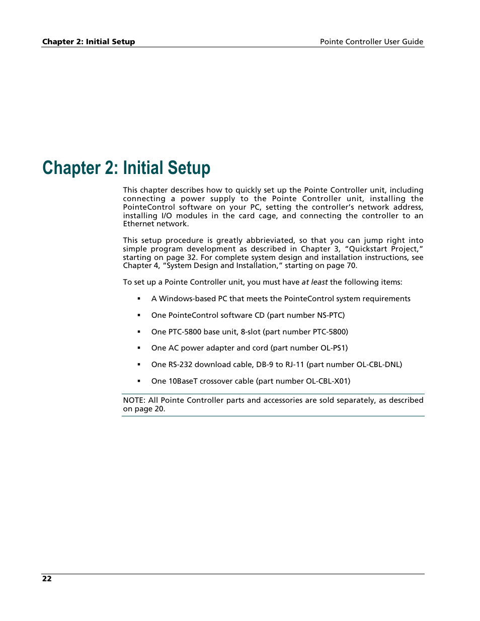 Initial setup, Chapter 2: initial setup | Nematron Pointe Controller User Manual | Page 24 / 441