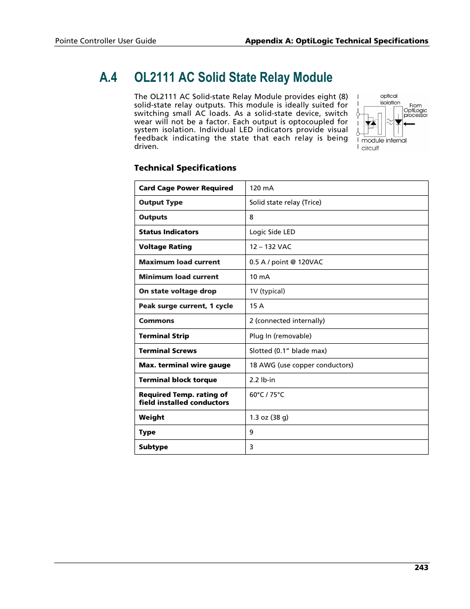 Ol2111 ac solid state relay module | Nematron Pointe Controller User Manual | Page 245 / 441