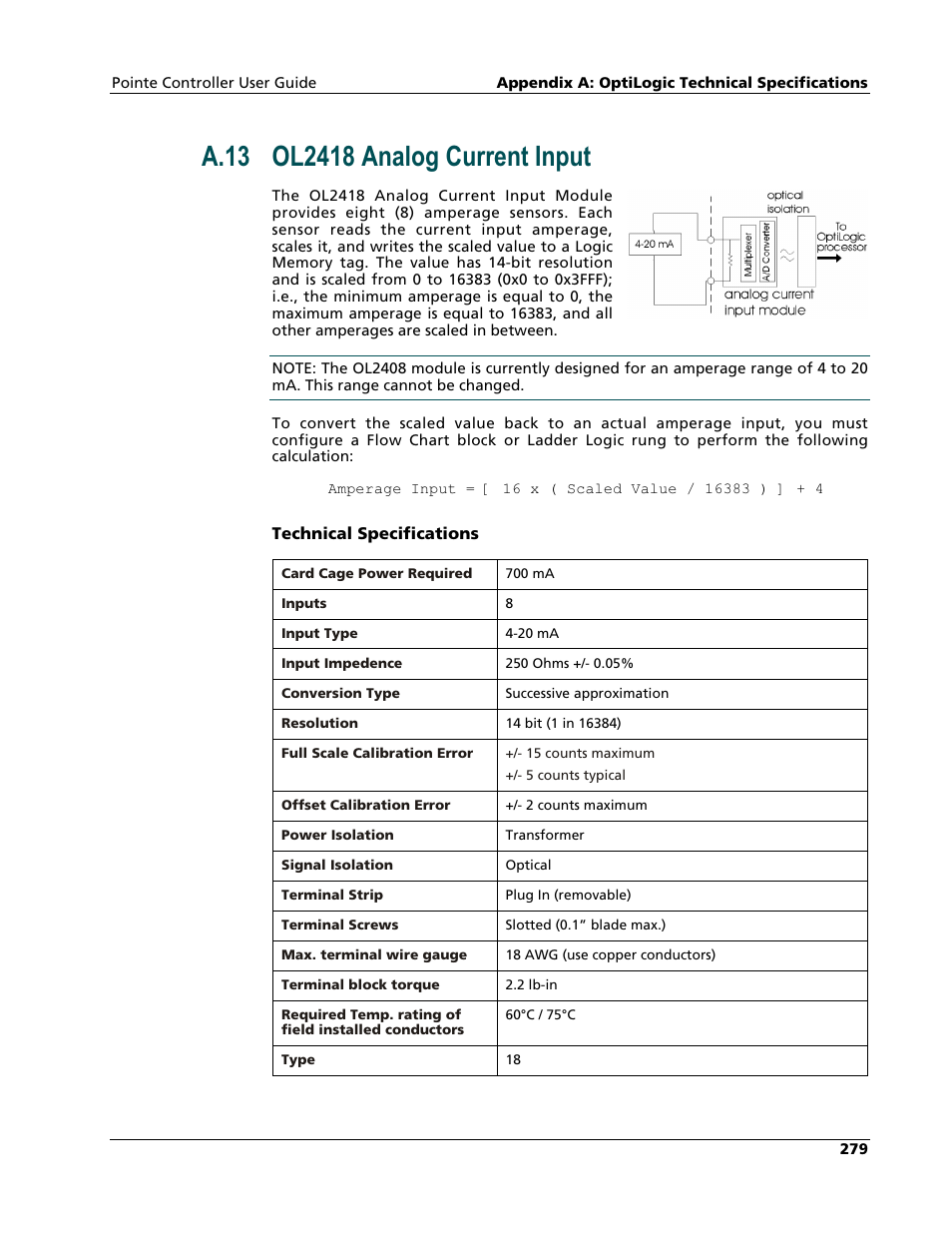 Ol2418 analog current input module | Nematron Pointe Controller User Manual | Page 281 / 441