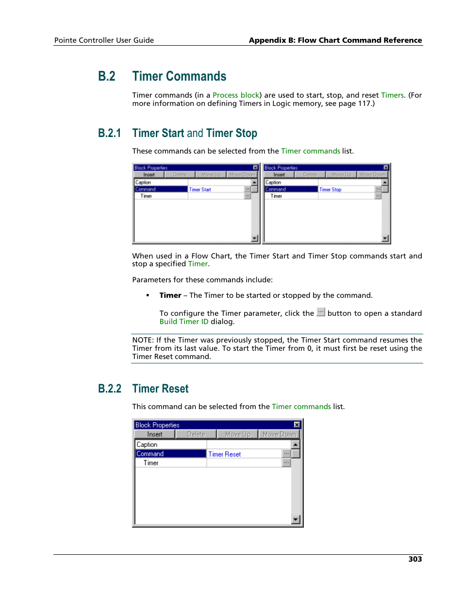 Timer commands, Timer start and timer stop, Timer reset | B.2 timer commands, B.2.1 timer start and timer stop, B.2.2 timer reset | Nematron Pointe Controller User Manual | Page 305 / 441