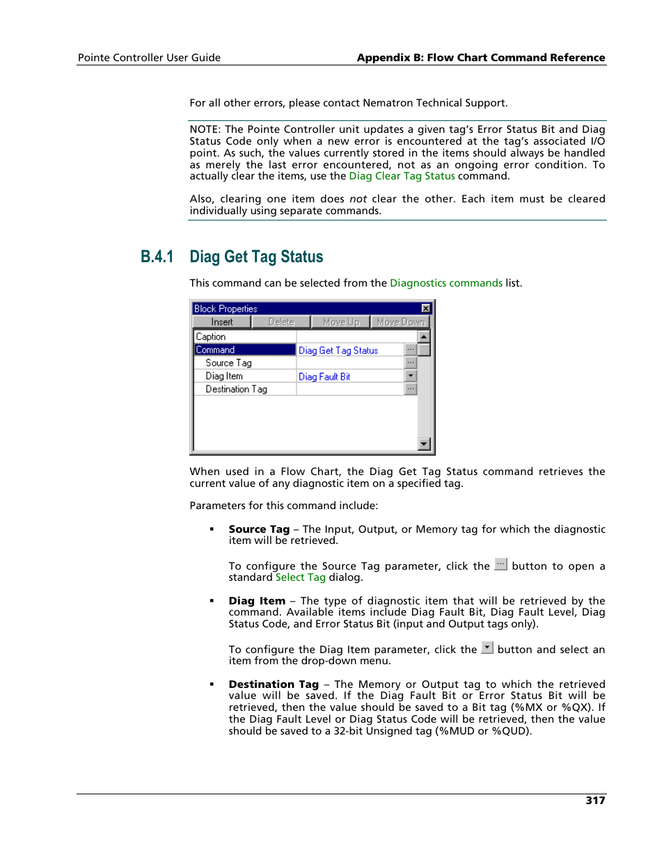 Diag get tag status, B.4.1 diag get tag status | Nematron Pointe Controller User Manual | Page 319 / 441