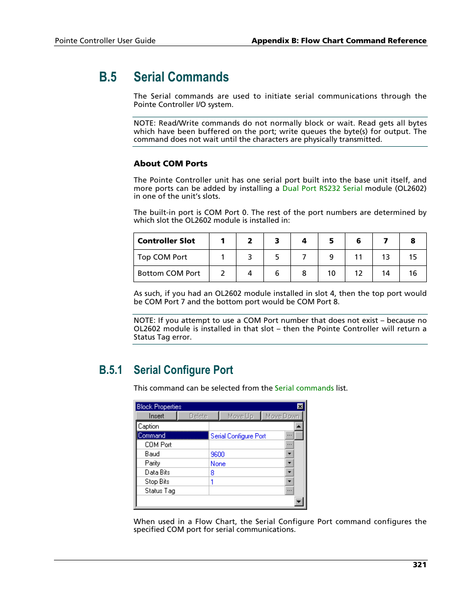 Serial commands, Serial configure port, B.5 serial commands | B.5.1 serial configure port | Nematron Pointe Controller User Manual | Page 323 / 441