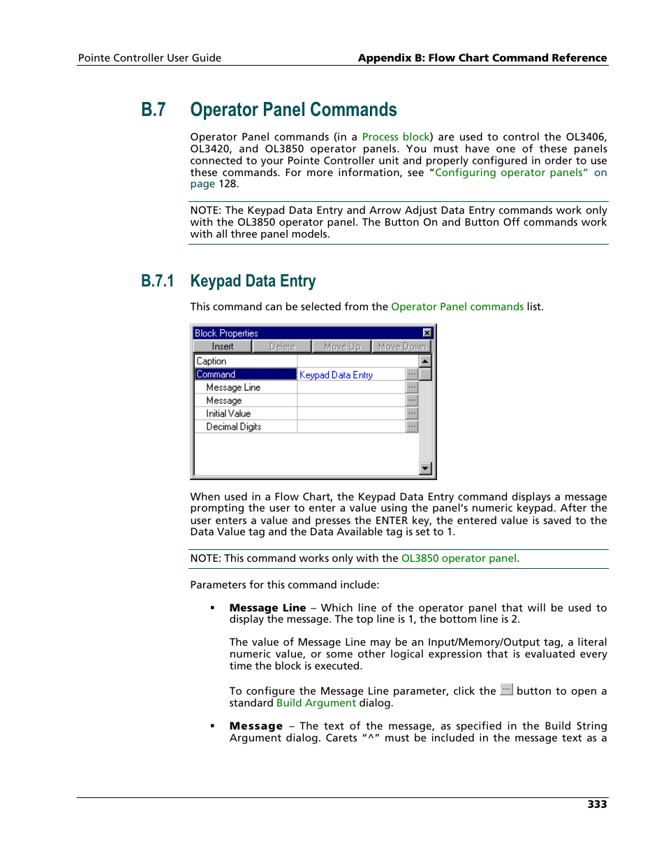 Operator panel commands, Keypad data entry, B.7 operator panel commands | B.7.1 keypad data entry | Nematron Pointe Controller User Manual | Page 335 / 441