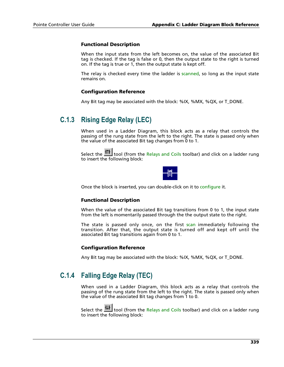 Rising edge relay (lec), Falling edge relay (tec), C.1.3 rising edge relay (lec) | C.1.4 falling edge relay (tec) | Nematron Pointe Controller User Manual | Page 341 / 441