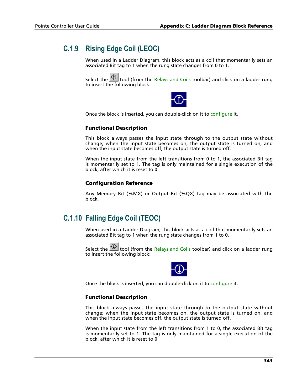 Rising edge coil (leoc), Falling edge coil (teoc), C.1.9 rising edge coil (leoc) | C.1.10 falling edge coil (teoc) | Nematron Pointe Controller User Manual | Page 345 / 441