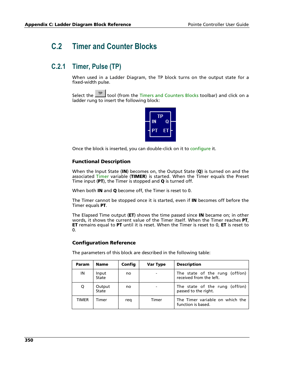 Timer and counter blocks, Timer, pulse (tp), C.2 timer and counter blocks | C.2.1 timer, pulse (tp) | Nematron Pointe Controller User Manual | Page 352 / 441