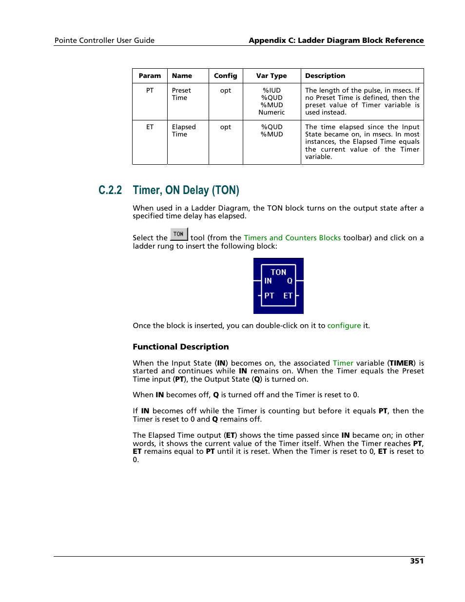 Timer, on delay (ton), C.2.2 timer, on delay (ton) | Nematron Pointe Controller User Manual | Page 353 / 441