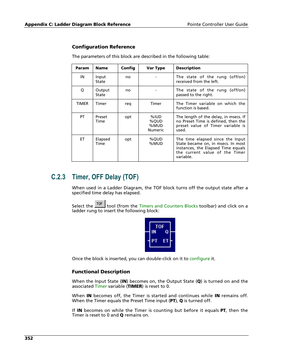 Timer, off delay (tof), C.2.3 timer, off delay (tof) | Nematron Pointe Controller User Manual | Page 354 / 441