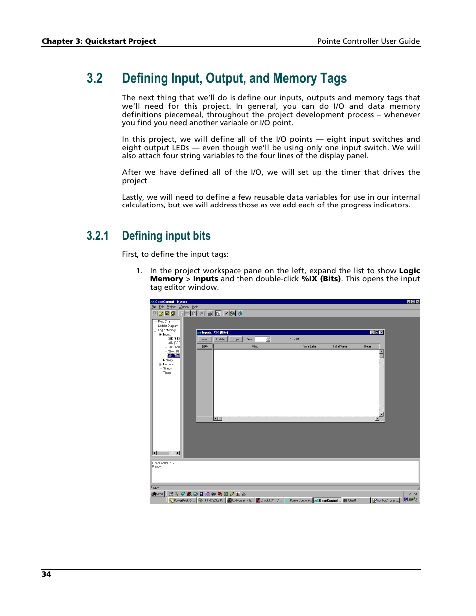 Defining input, output, and memory tags, Defining input bits, 1 defining input bits | Nematron Pointe Controller User Manual | Page 36 / 441