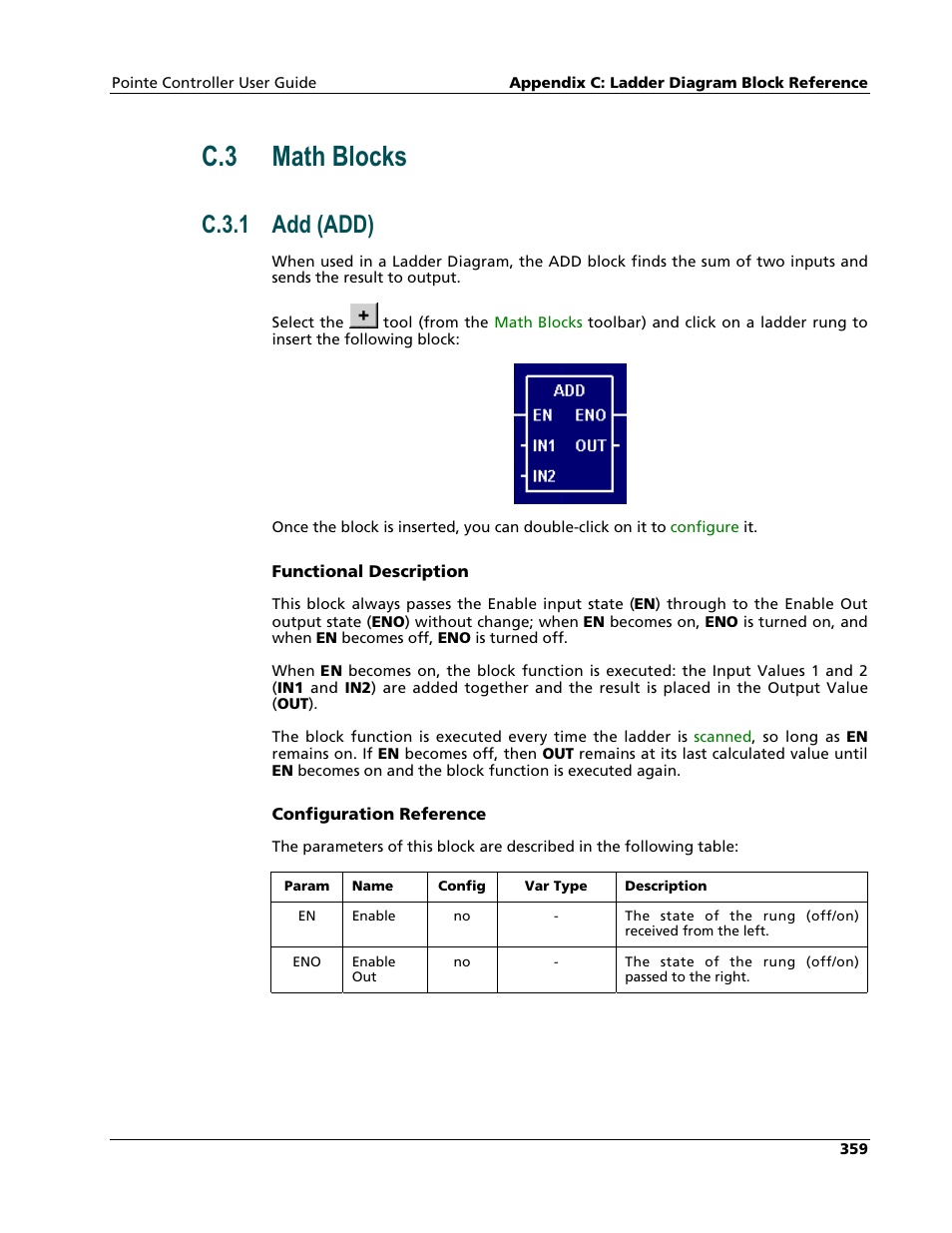 Math blocks, Add (add), C.3 math blocks | C.3.1 add (add) | Nematron Pointe Controller User Manual | Page 361 / 441