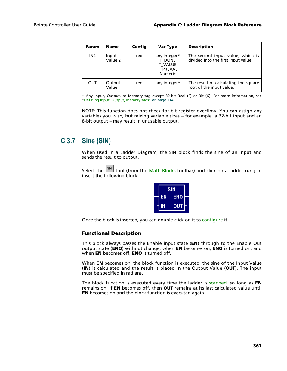 Sine (sin), C.3.7 sine (sin) | Nematron Pointe Controller User Manual | Page 369 / 441