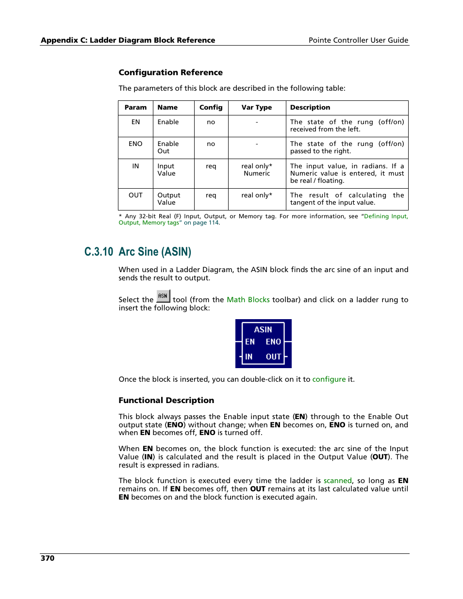 Arc sine (asin), C.3.10 arc sine (asin) | Nematron Pointe Controller User Manual | Page 372 / 441