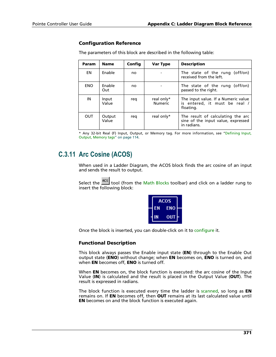 Arc cosine (acos), C.3.11 arc cosine (acos) | Nematron Pointe Controller User Manual | Page 373 / 441