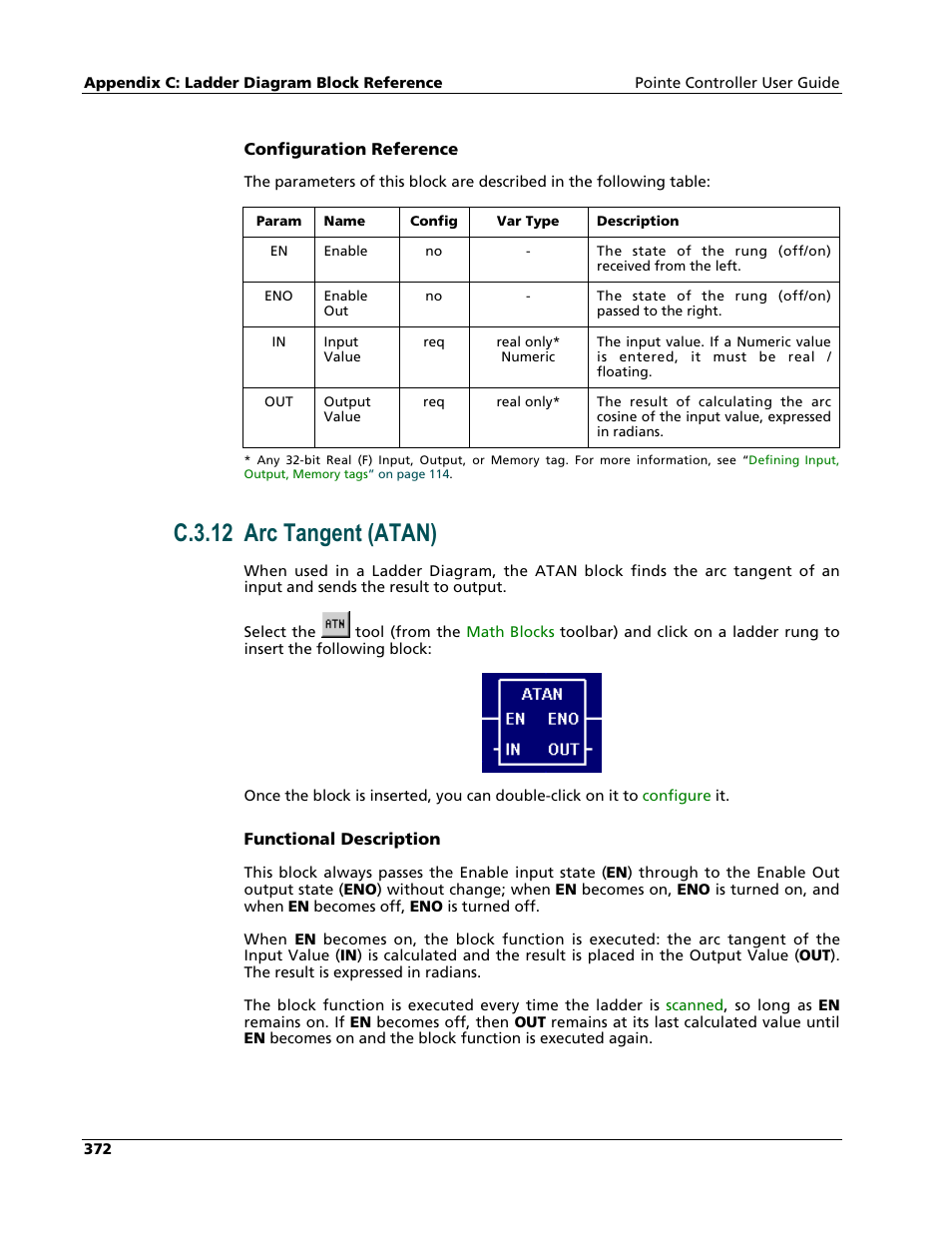 Arc tangent (atan), C.3.12 arc tangent (atan) | Nematron Pointe Controller User Manual | Page 374 / 441