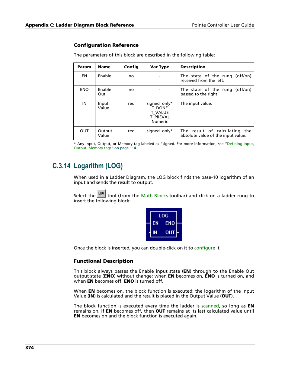 Logarithm (log), C.3.14 logarithm (log) | Nematron Pointe Controller User Manual | Page 376 / 441