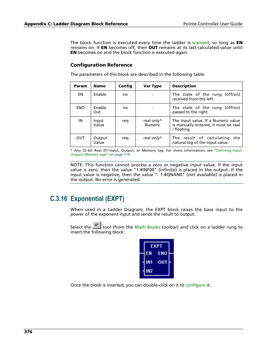 Exponential (expt), C.3.16 exponential (expt) | Nematron Pointe Controller User Manual | Page 378 / 441