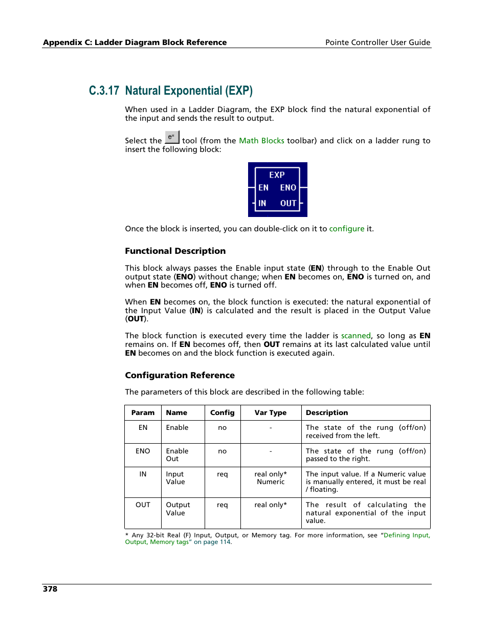 Natural exponential (exp), C.3.17 natural exponential (exp) | Nematron Pointe Controller User Manual | Page 380 / 441