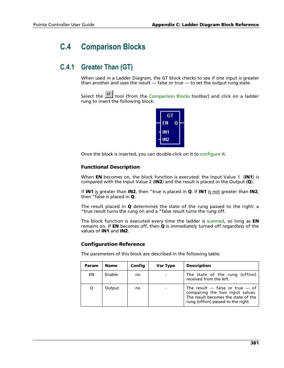 Comparison blocks, Greater than (gt), C.4 comparison blocks | C.4.1 greater than (gt) | Nematron Pointe Controller User Manual | Page 383 / 441