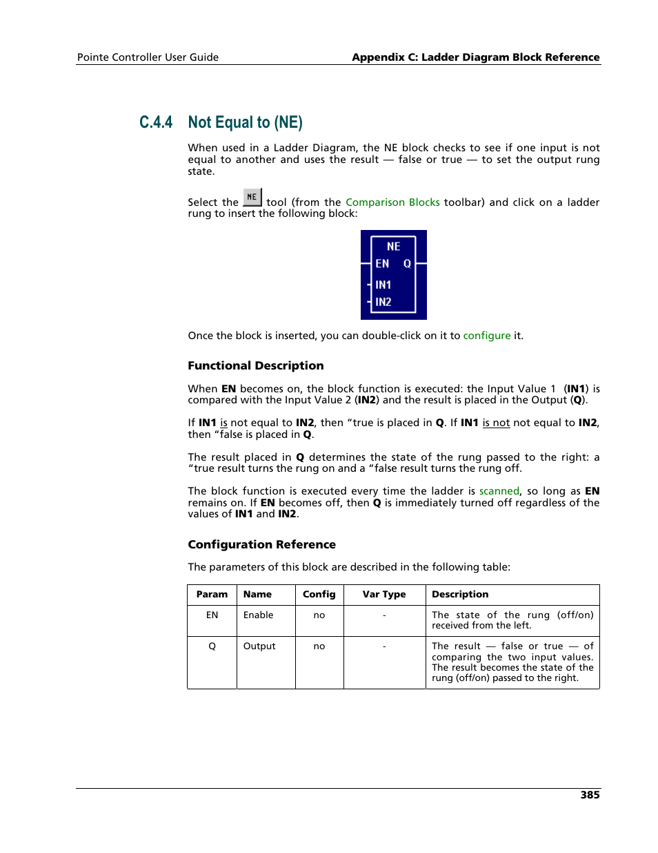 Not equal to (ne), C.4.4 not equal to (ne) | Nematron Pointe Controller User Manual | Page 387 / 441