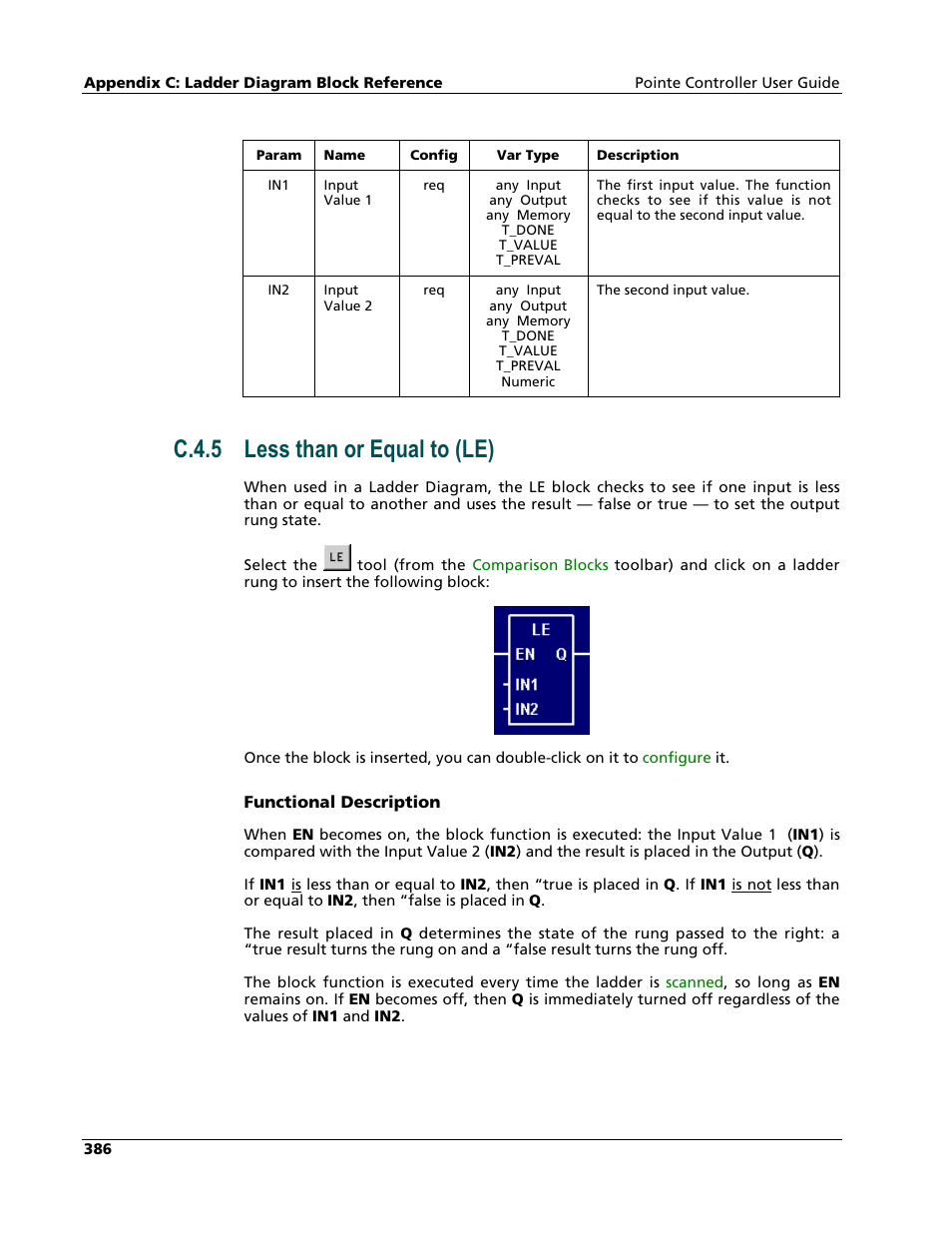 Less than or equal to (le), C.4.5 less than or equal to (le) | Nematron Pointe Controller User Manual | Page 388 / 441