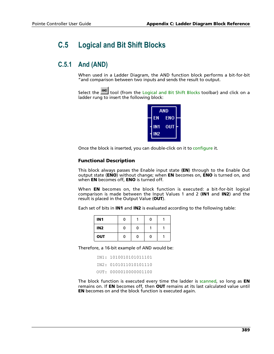 Logical and bit shift blocks, And (and), C.5 logical and bit shift blocks | C.5.1 and (and) | Nematron Pointe Controller User Manual | Page 391 / 441