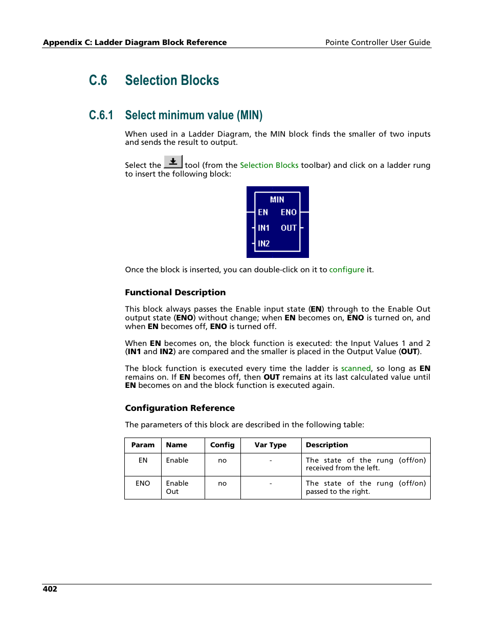 Selection blocks, Select minimum value (min), C.6 selection blocks | C.6.1 select minimum value (min) | Nematron Pointe Controller User Manual | Page 404 / 441