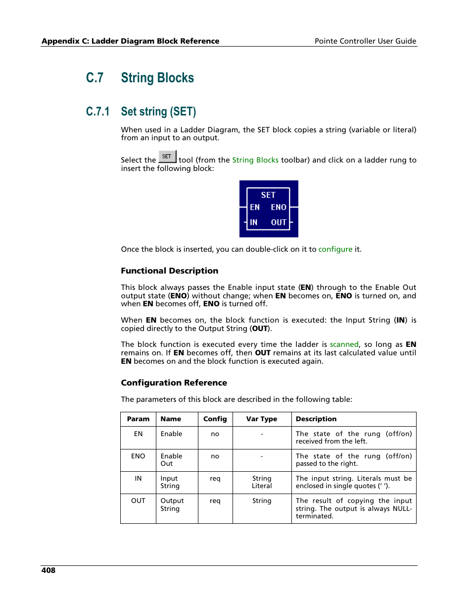 String blocks, Set string (set), C.7 string blocks | C.7.1 set string (set) | Nematron Pointe Controller User Manual | Page 410 / 441