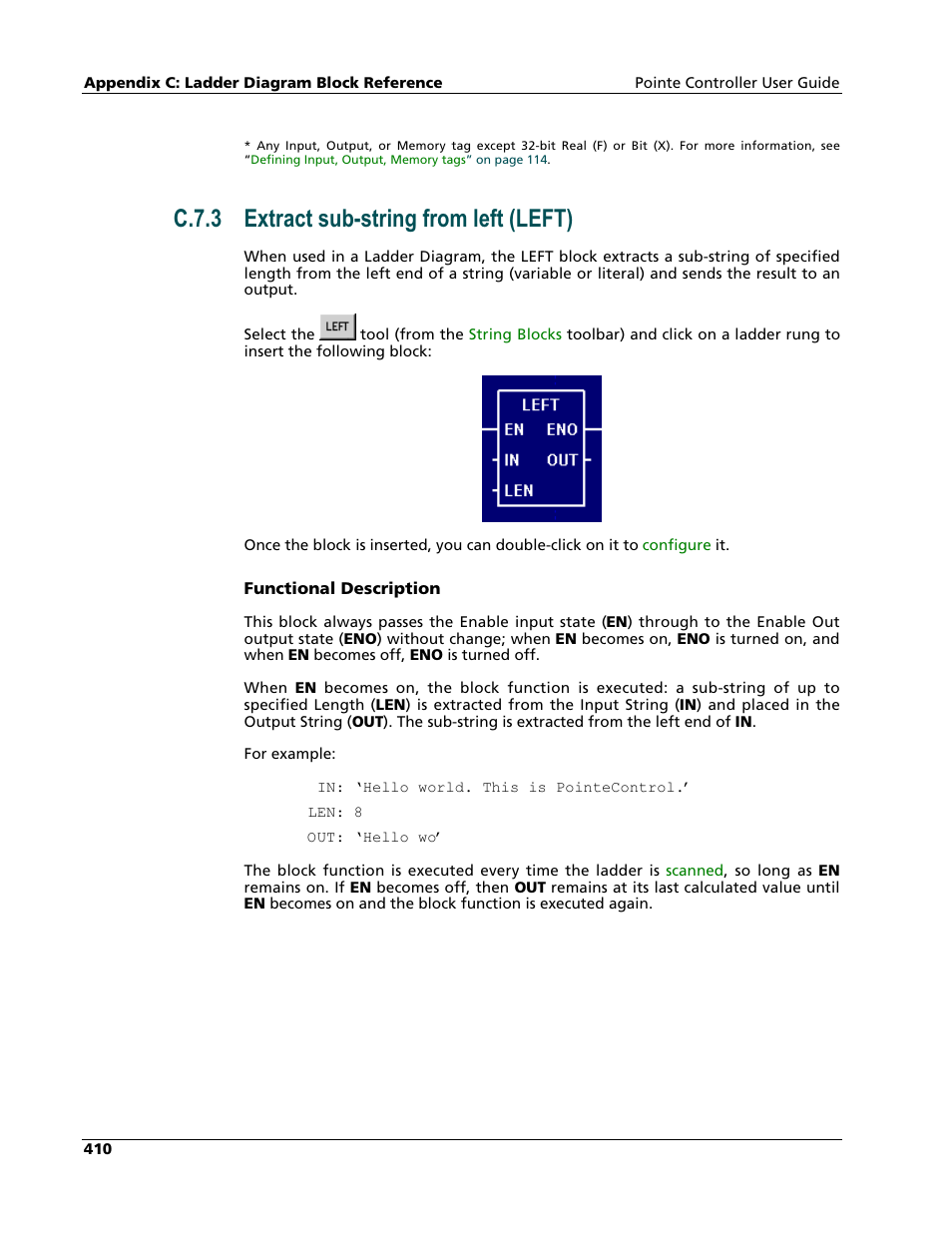 Extract sub-string from left (left), C.7.3 extract sub-string from left (left) | Nematron Pointe Controller User Manual | Page 412 / 441