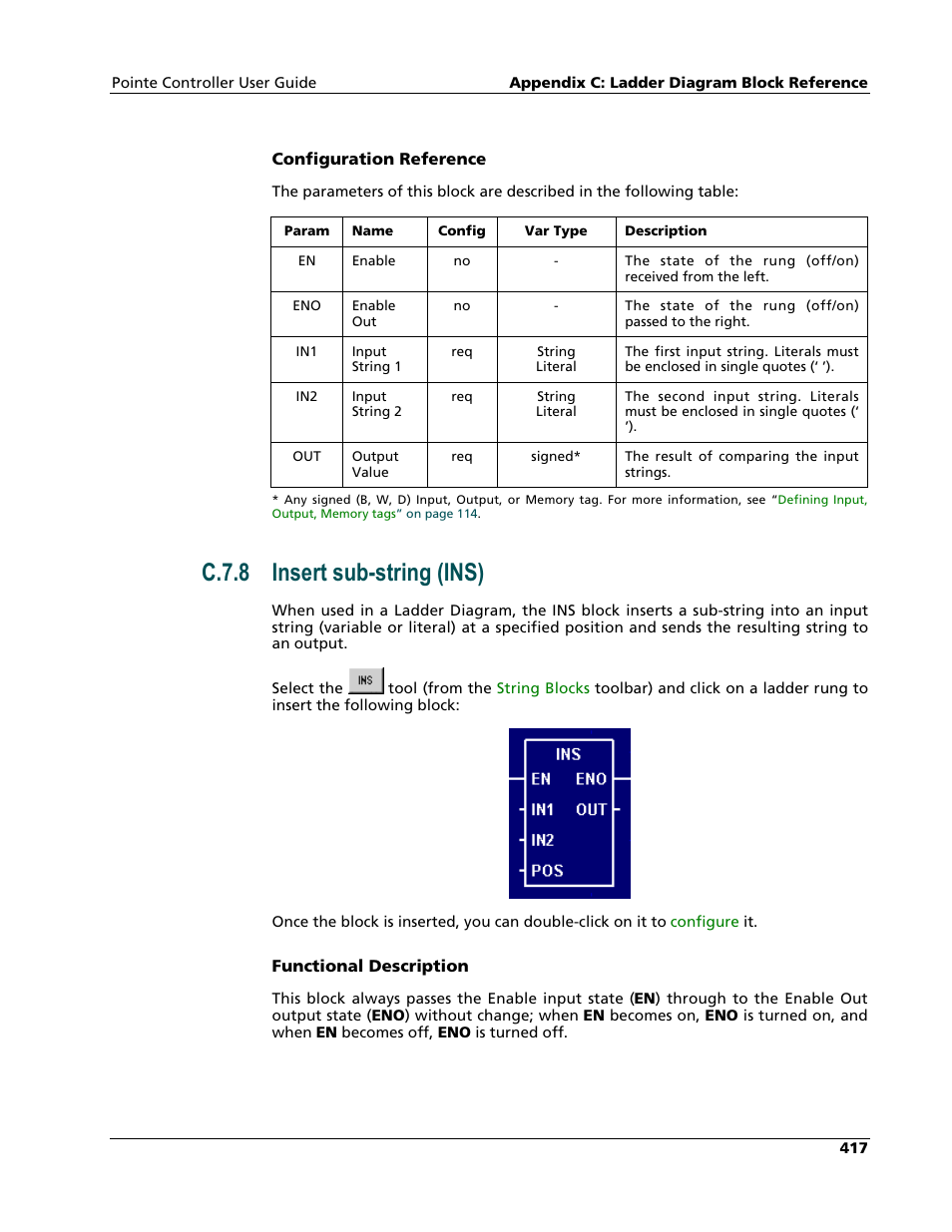 Insert sub-string (ins), C.7.8 insert sub-string (ins) | Nematron Pointe Controller User Manual | Page 419 / 441