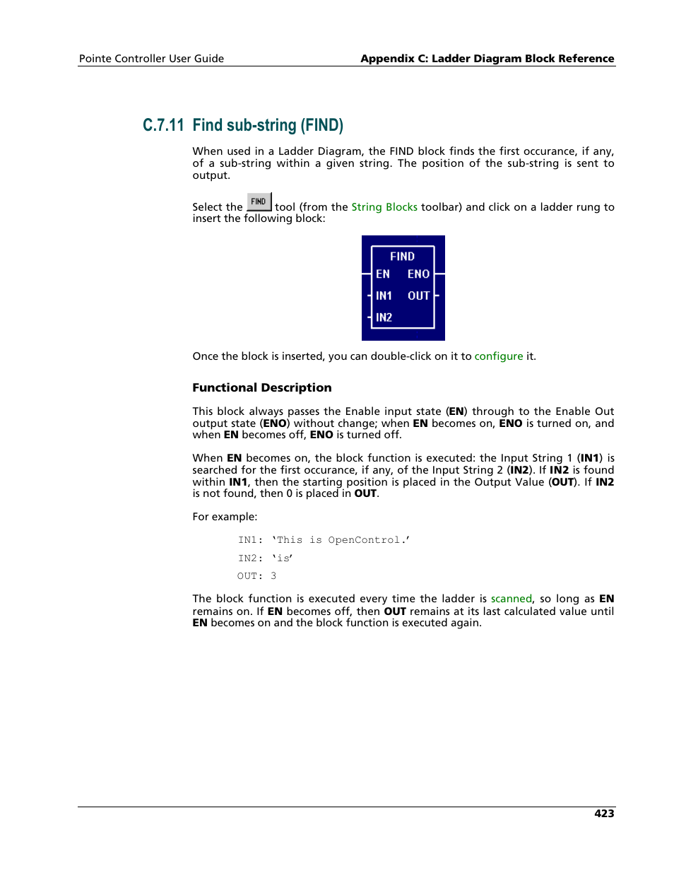 Find sub-string (find), C.7.11 find sub-string (find) | Nematron Pointe Controller User Manual | Page 425 / 441