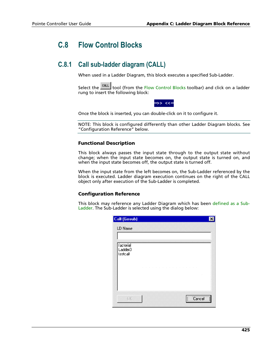 Flow control blocks, Call sub-ladder diagram (call), C.8 flow control blocks | C.8.1 call sub-ladder diagram (call) | Nematron Pointe Controller User Manual | Page 427 / 441