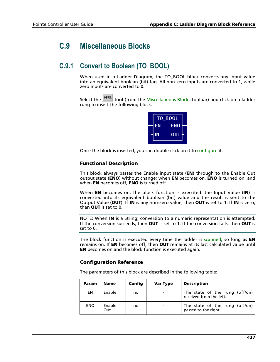 Miscellaneous blocks, Convert to boolean (to_bool), C.9 miscellaneous blocks | C.9.1 convert to boolean (to_bool) | Nematron Pointe Controller User Manual | Page 429 / 441