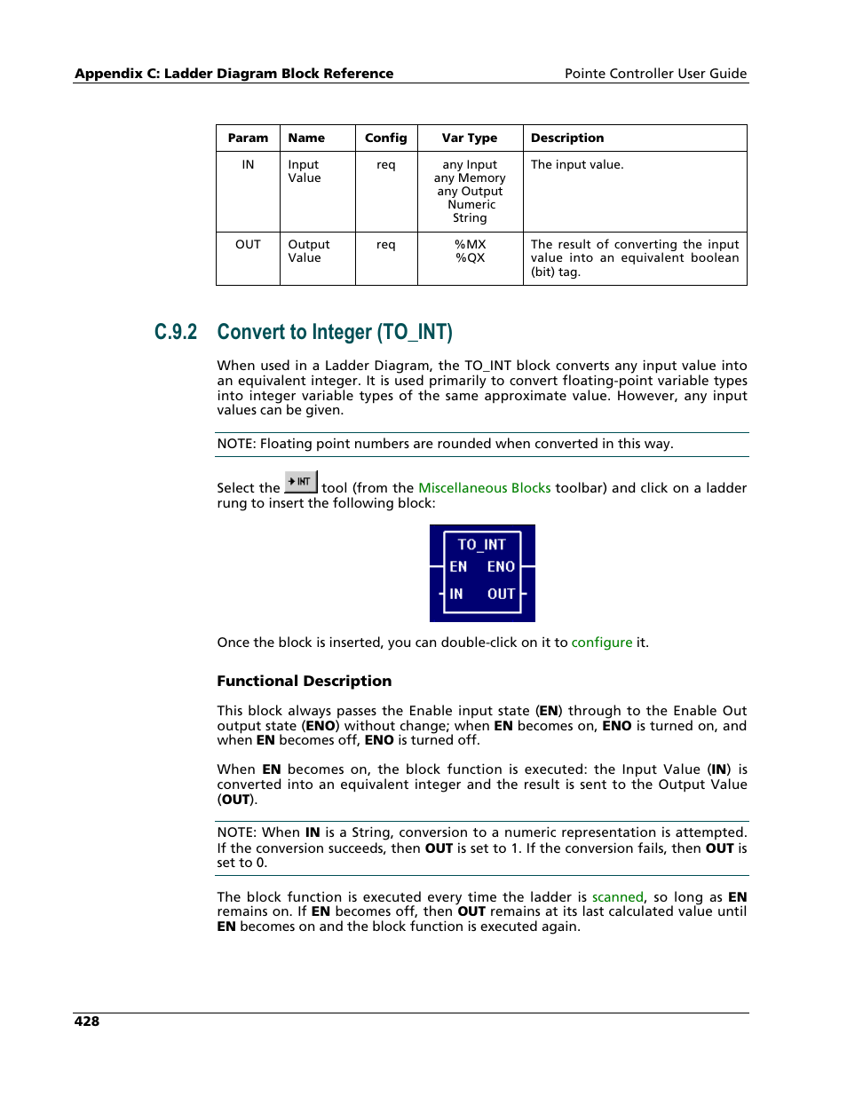 Convert to integer (to_int), C.9.2 convert to integer (to_int) | Nematron Pointe Controller User Manual | Page 430 / 441