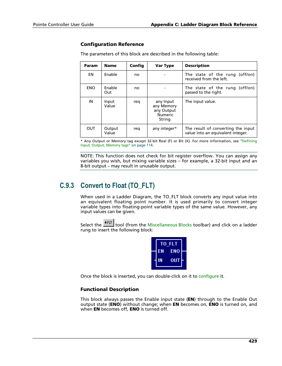 Convert to float (to_flt), C.9.3 convert to float (to_flt) | Nematron Pointe Controller User Manual | Page 431 / 441