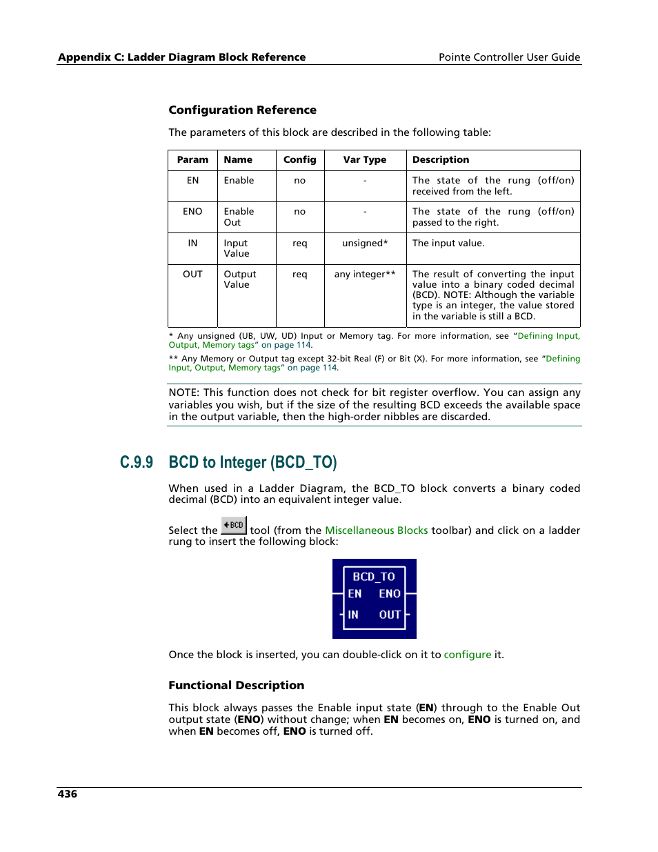 Bcd to integer (bcd_to), C.9.9 bcd to integer (bcd_to) | Nematron Pointe Controller User Manual | Page 438 / 441