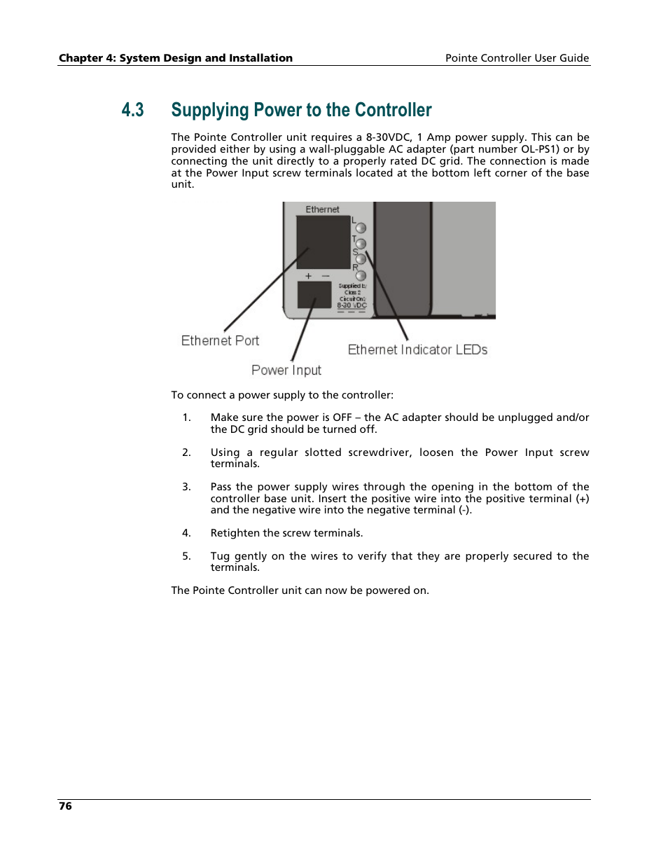 Supplying power to the controller, 3 supplying power to the controller | Nematron Pointe Controller User Manual | Page 78 / 441