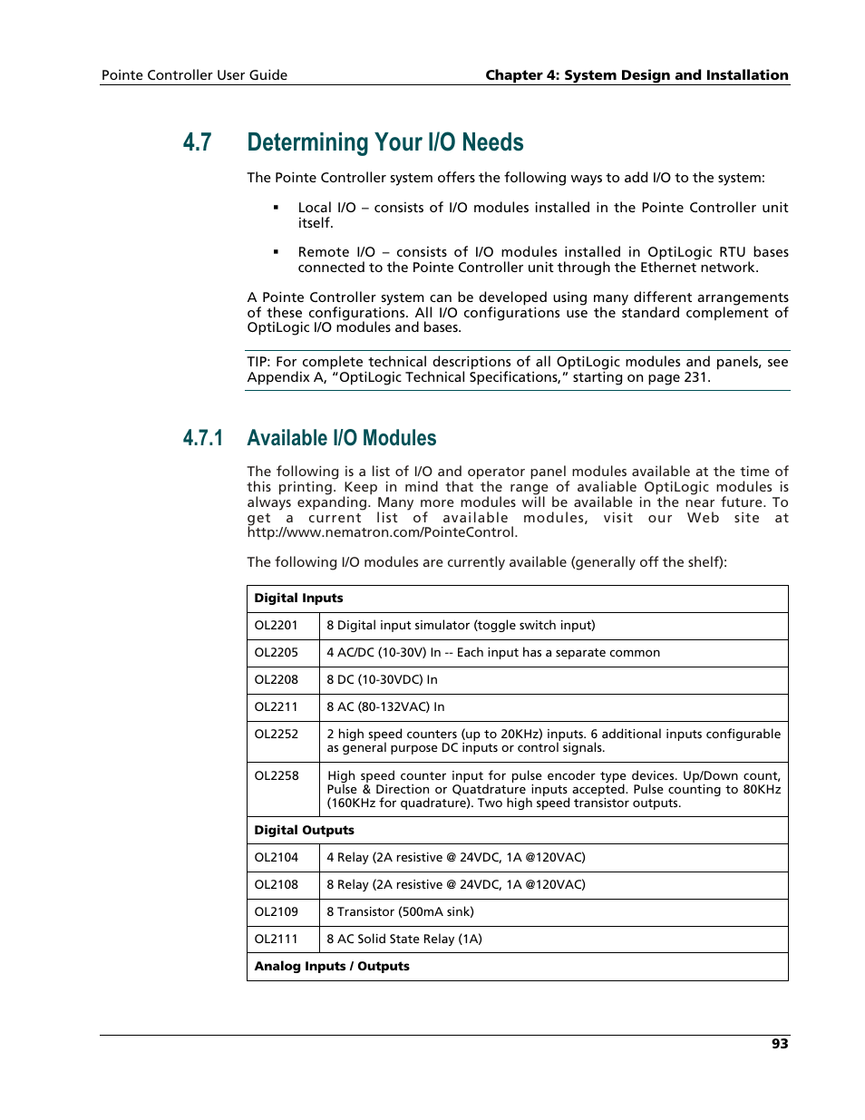 Determining your i/o needs, Available i/o modules, 7 determining your i/o needs | 1 available i/o modules | Nematron Pointe Controller User Manual | Page 95 / 441