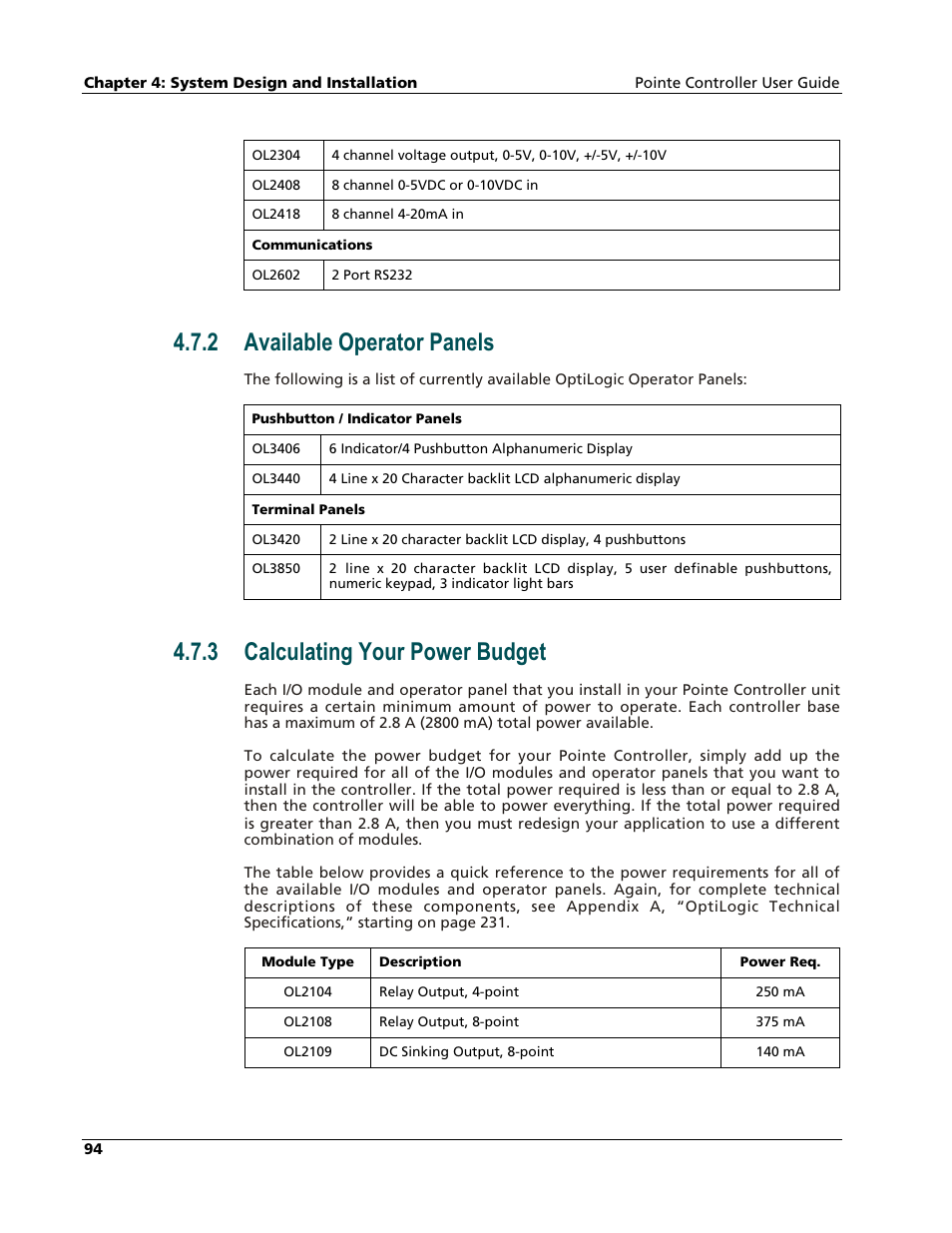 Available operator panels, Calculating your power budget, 2 available operator panels | 3 calculating your power budget | Nematron Pointe Controller User Manual | Page 96 / 441