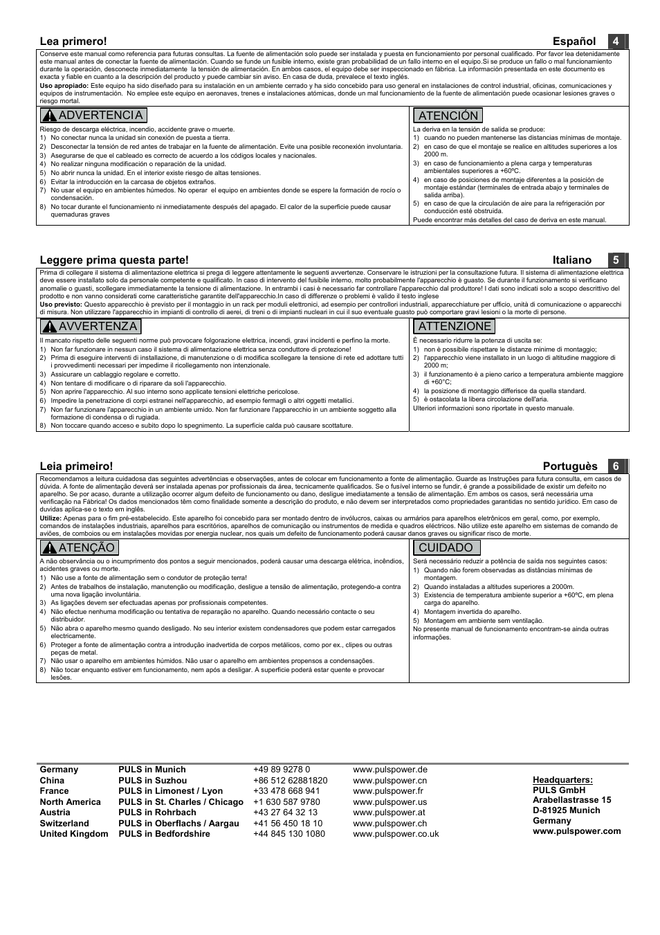 Lea primero! español 4, Advertencia, Atención | Leggere prima questa parte! italiano 5, Avvertenza, Attenzione, Leia primeiro! portuguès 6, Atenção, Cuidado | PULS CS20.241 User Manual | Page 2 / 4