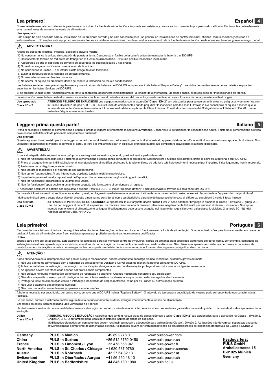 Lea primero! español 4, Leggere prima questa parte! italiano 5, Leia primeiro! portuguès 6 | PULS UBC10.241 User Manual | Page 2 / 4