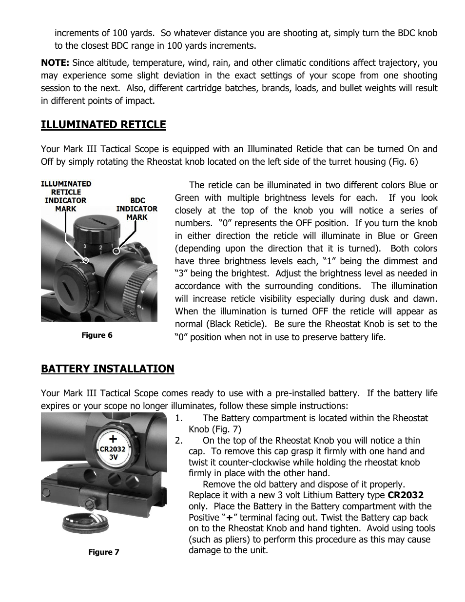 Illuminated reticle, Battery installation | NcSTAR STM3942GV2 User Manual | Page 6 / 8