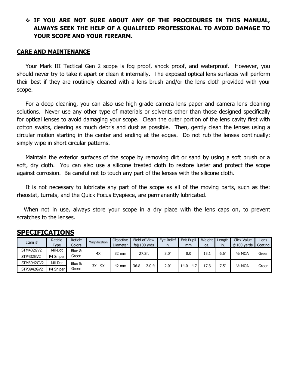 Specifications | NcSTAR STM3942GV2 User Manual | Page 7 / 8