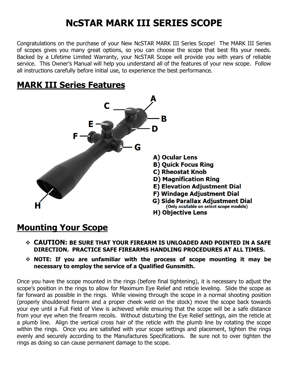 Ncstar mark iii series scope, Mark iii series features, Mounting your scope | Caution | NcSTAR SM3RAO62450G User Manual | Page 2 / 8