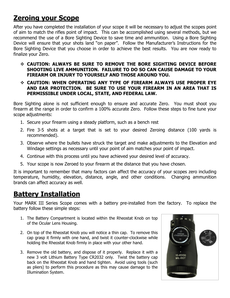 Zeroing your scope, Battery installation | NcSTAR SM3RAO62450G User Manual | Page 5 / 8