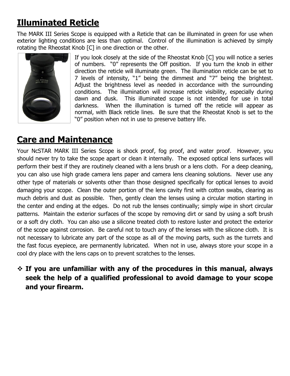 Illuminated reticle, Care and maintenance | NcSTAR SM3RAO62450G User Manual | Page 6 / 8